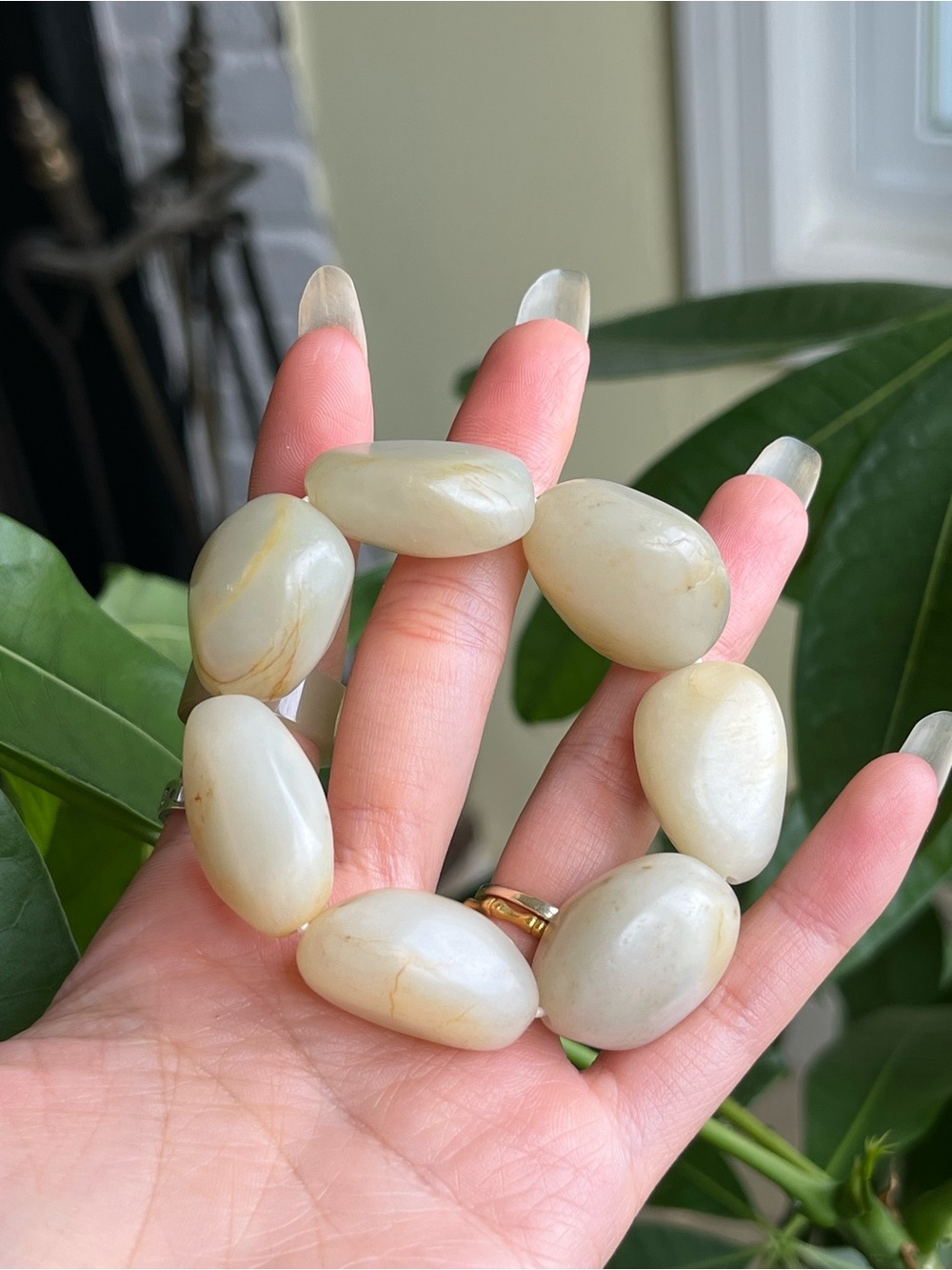Natural White Nephrite Jade Chunky Freeform/Irregular Beaded Stretch Bracelet